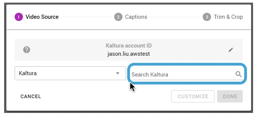 Searching for a video in Kaltura directly from WeVideo. 