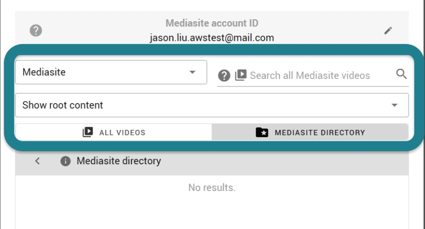 Searching for a video in Mediasite directly from WeVideo. 