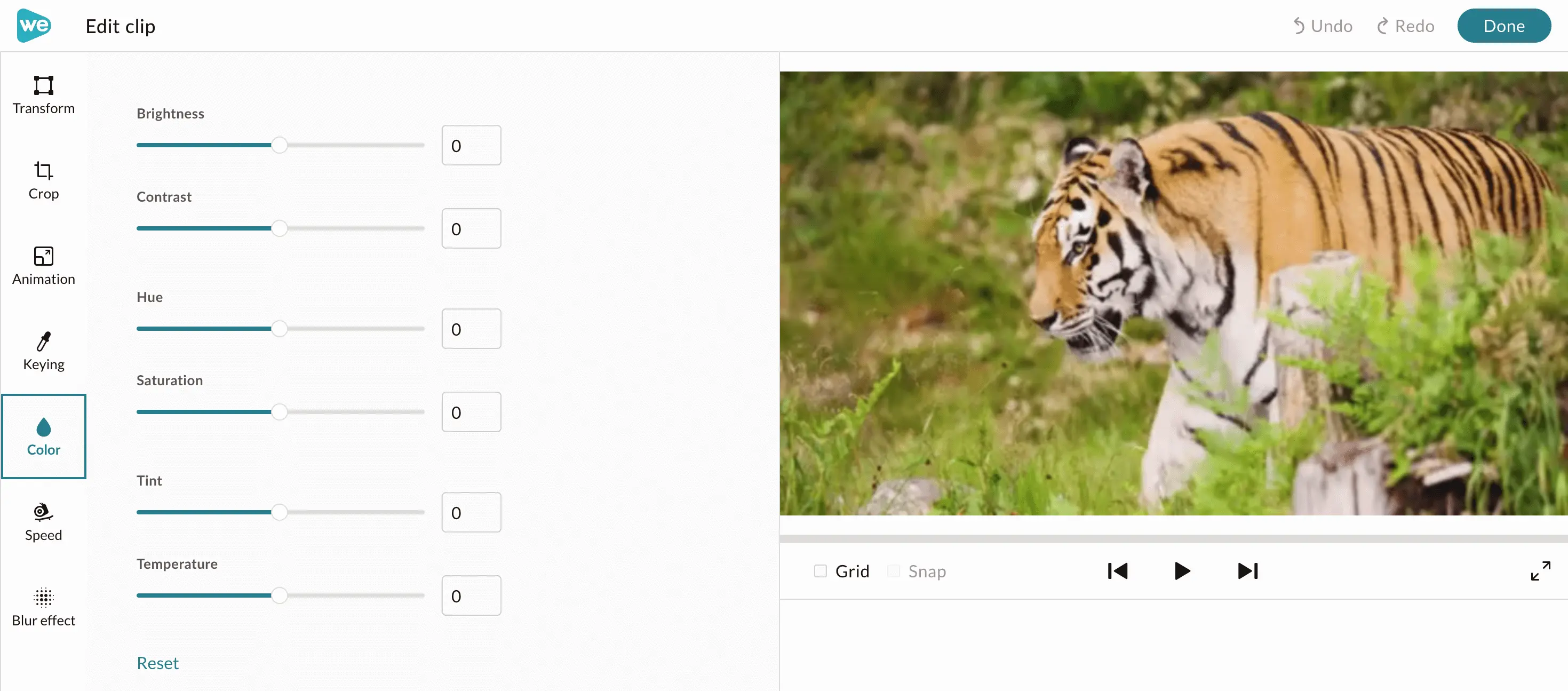 Color tab in WeVideo for adjusting the color of a video clip. 