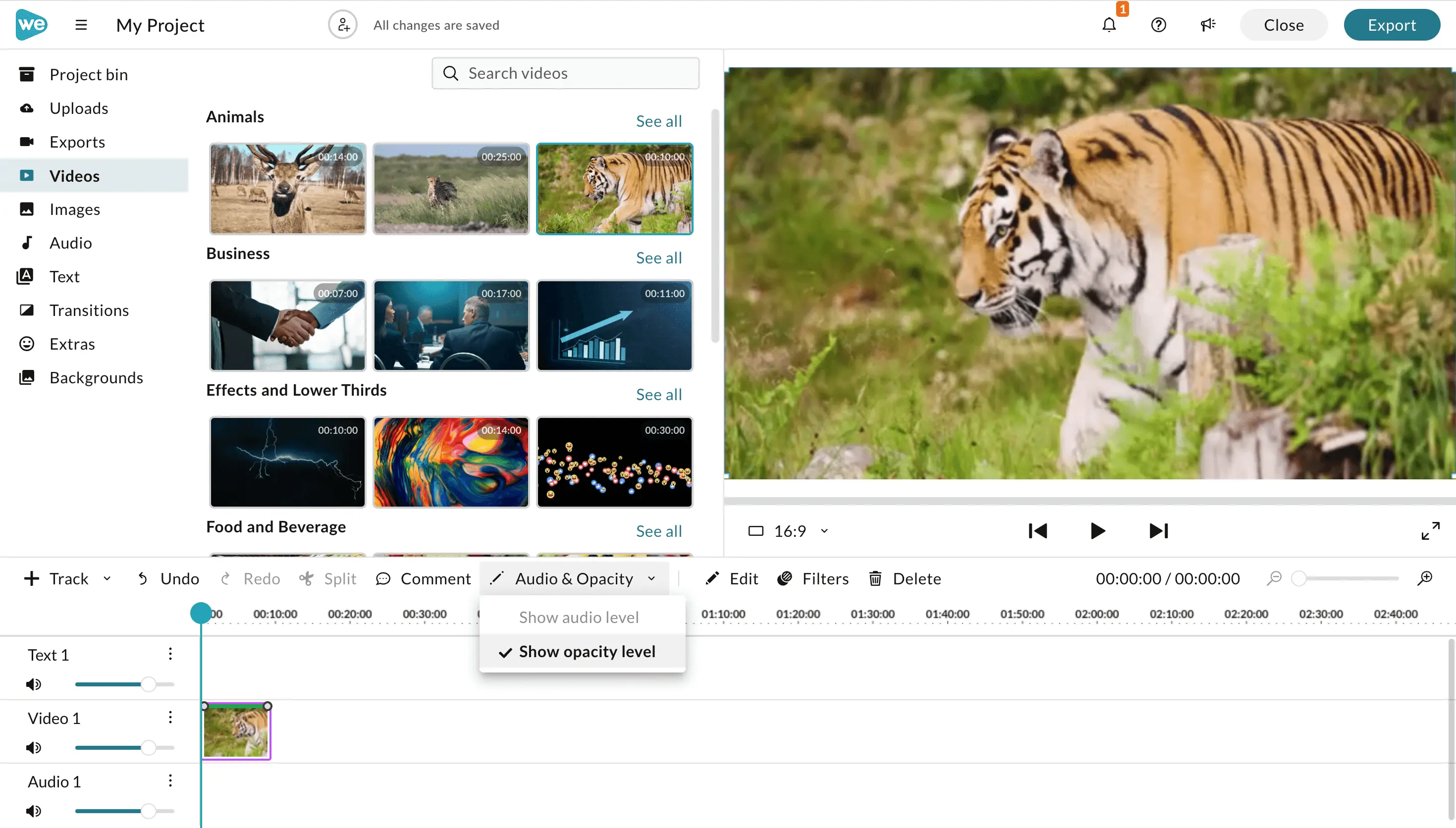 Adjusting opacity of a clip on the editing timeline in WeVideo. 