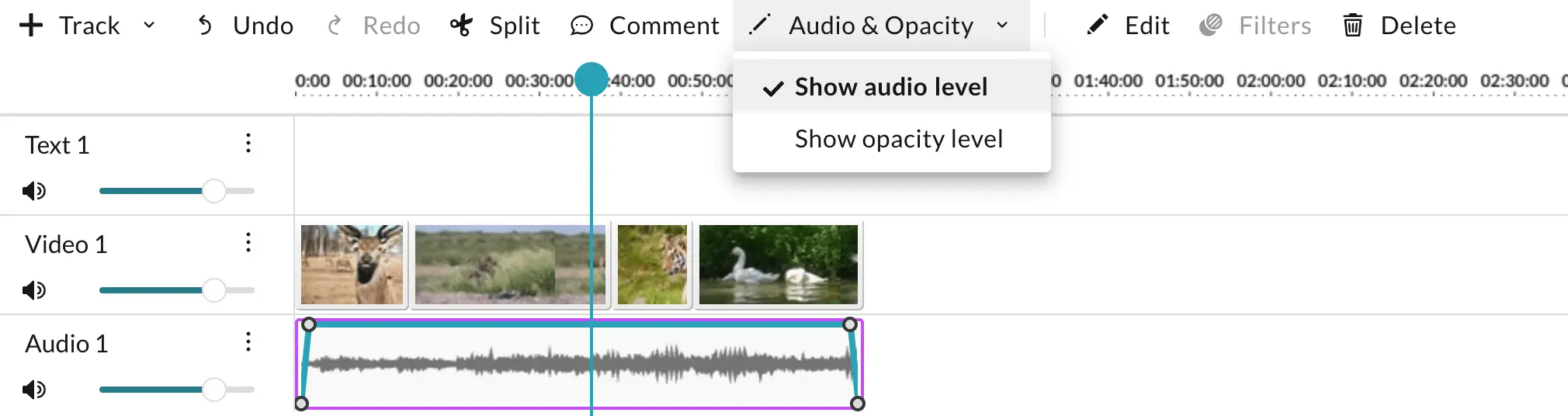 Adjusting a clip's audio levels on the timeline in WeVideo. 
