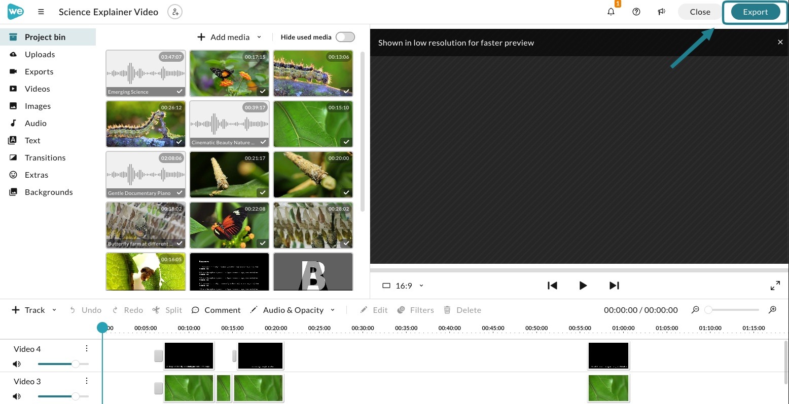 Export project button in WeVideo's editor. 