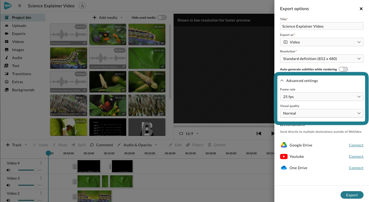 Advanced export settings in WeVideo, including frame rate and visual quality. 