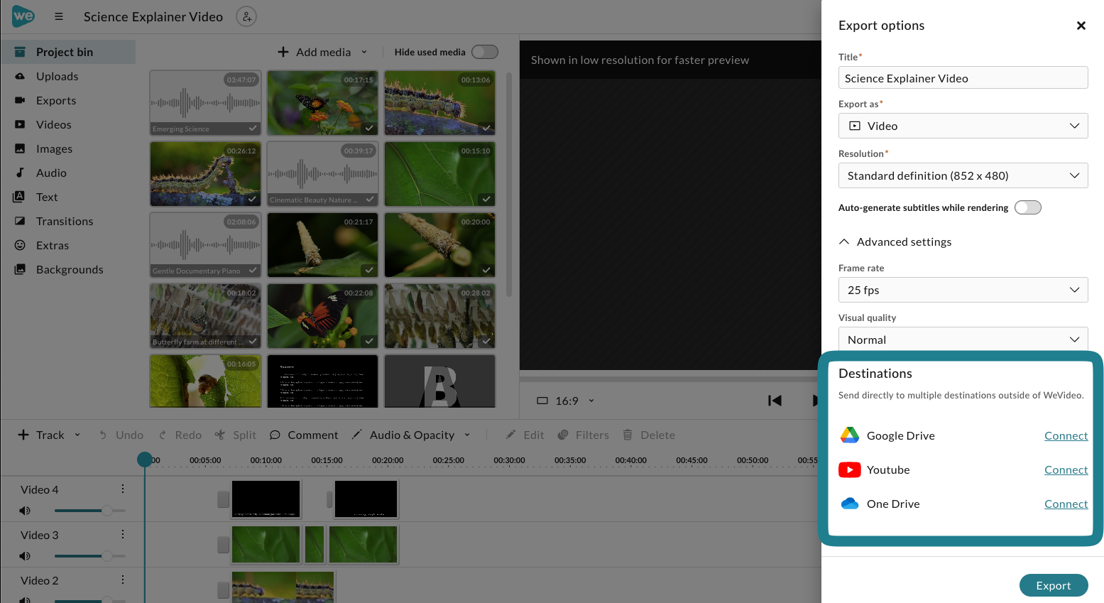 Export destination options in WeVideo, includuing Google Drive, YouTube, and One Drive. 