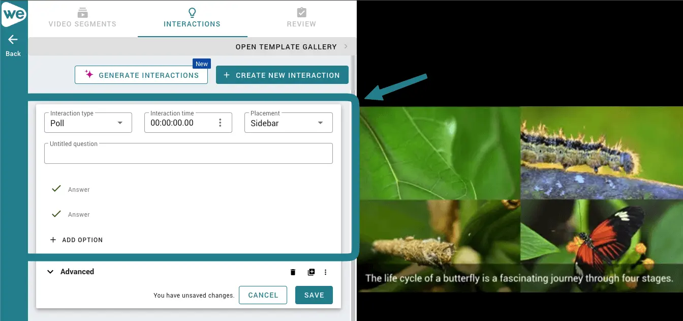 Customizing the settings of a poll video interaction in WeVideo. 