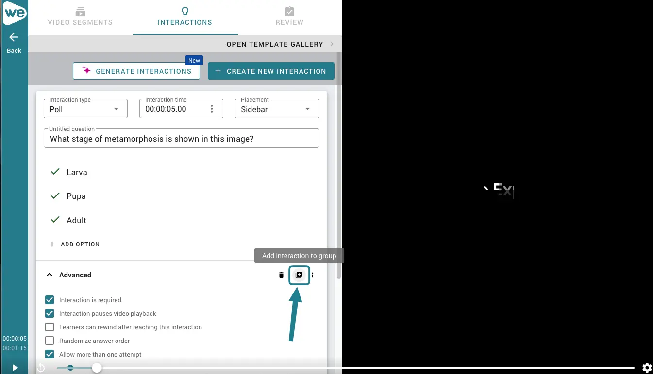 Adding a poll to a group of interactions in WeVideo. 
