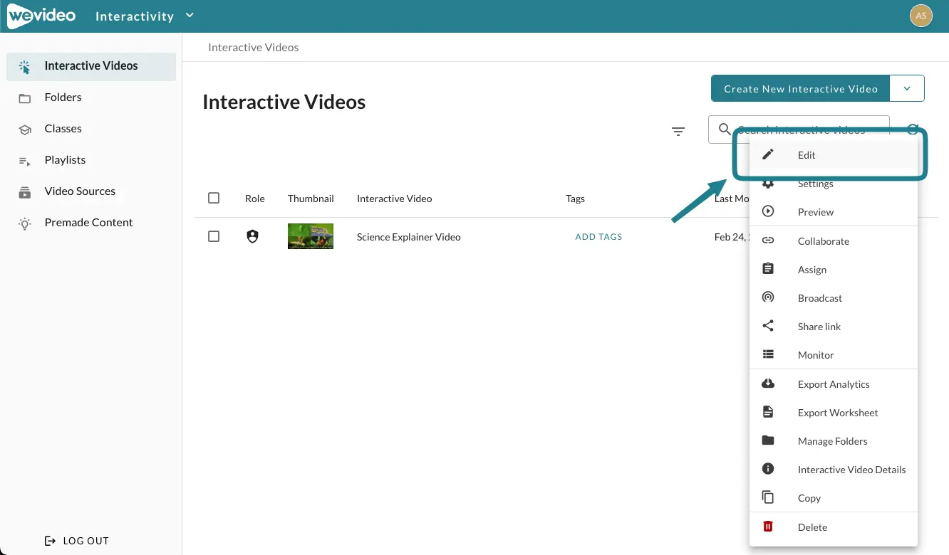 Editing a video in WeVideo's Interactivity space. 
