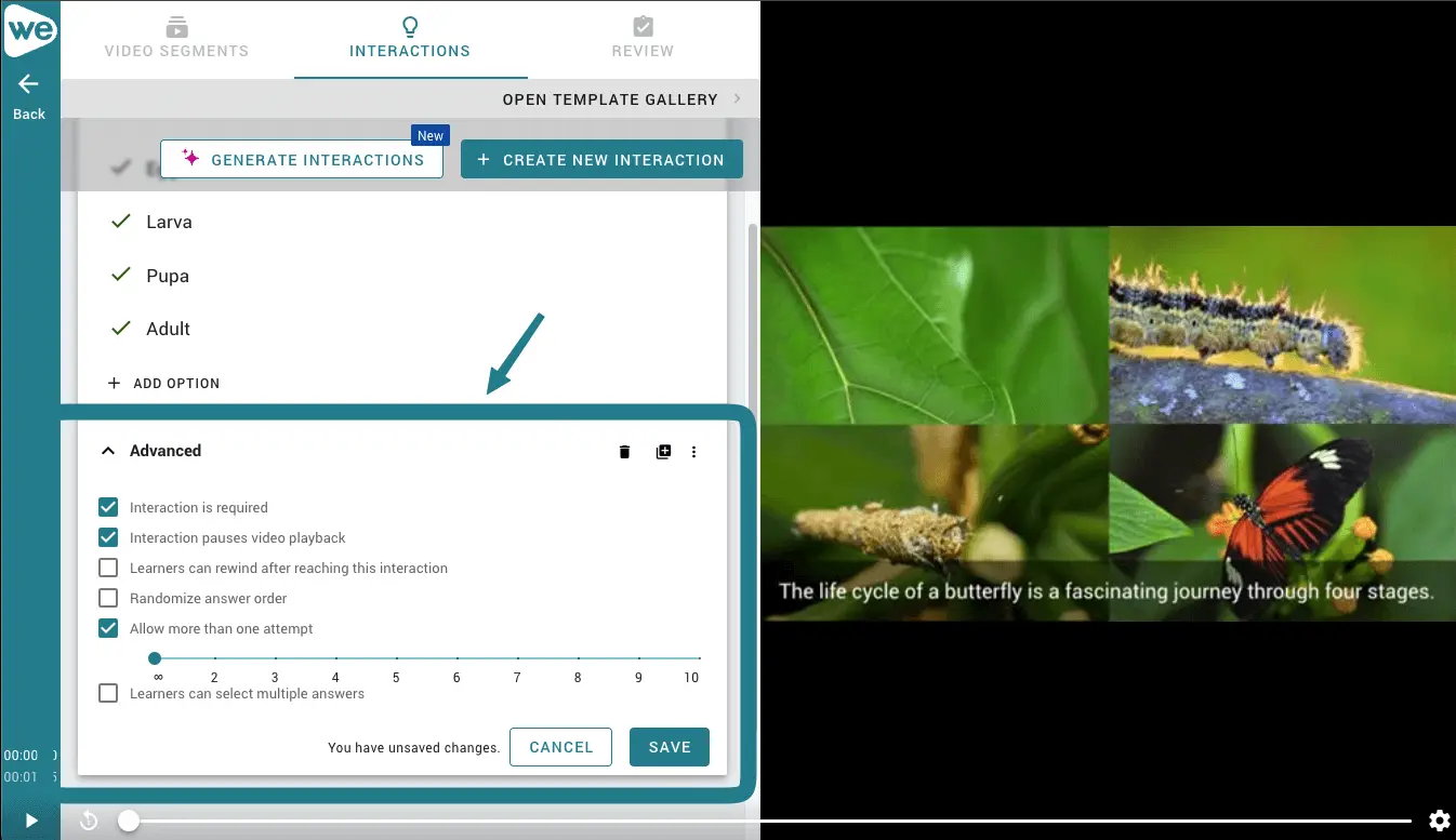 Advanced settings for the poll interaction in WeVideo. 