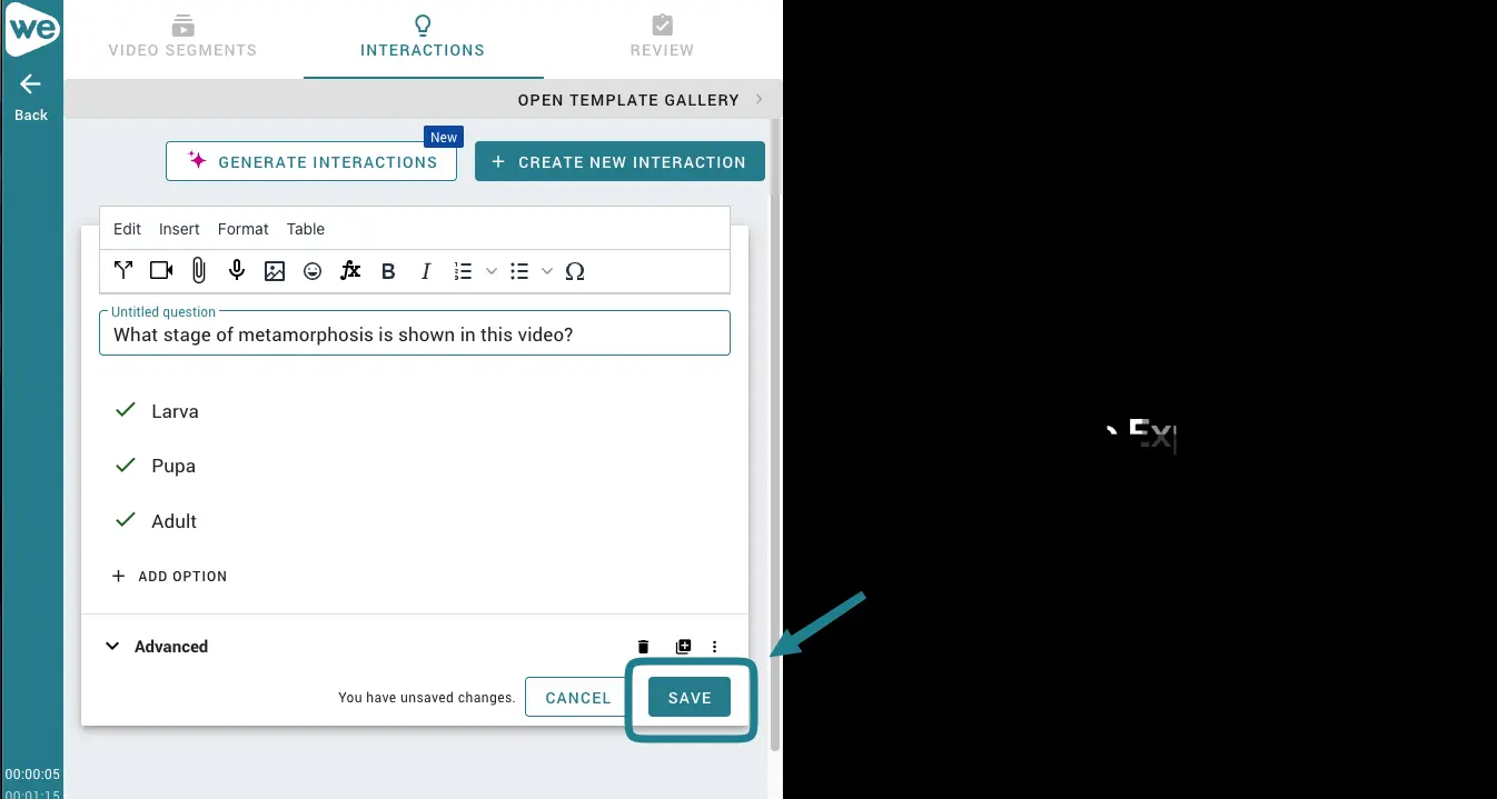 Saving progress after adding an interaction to video in WeVideo. 