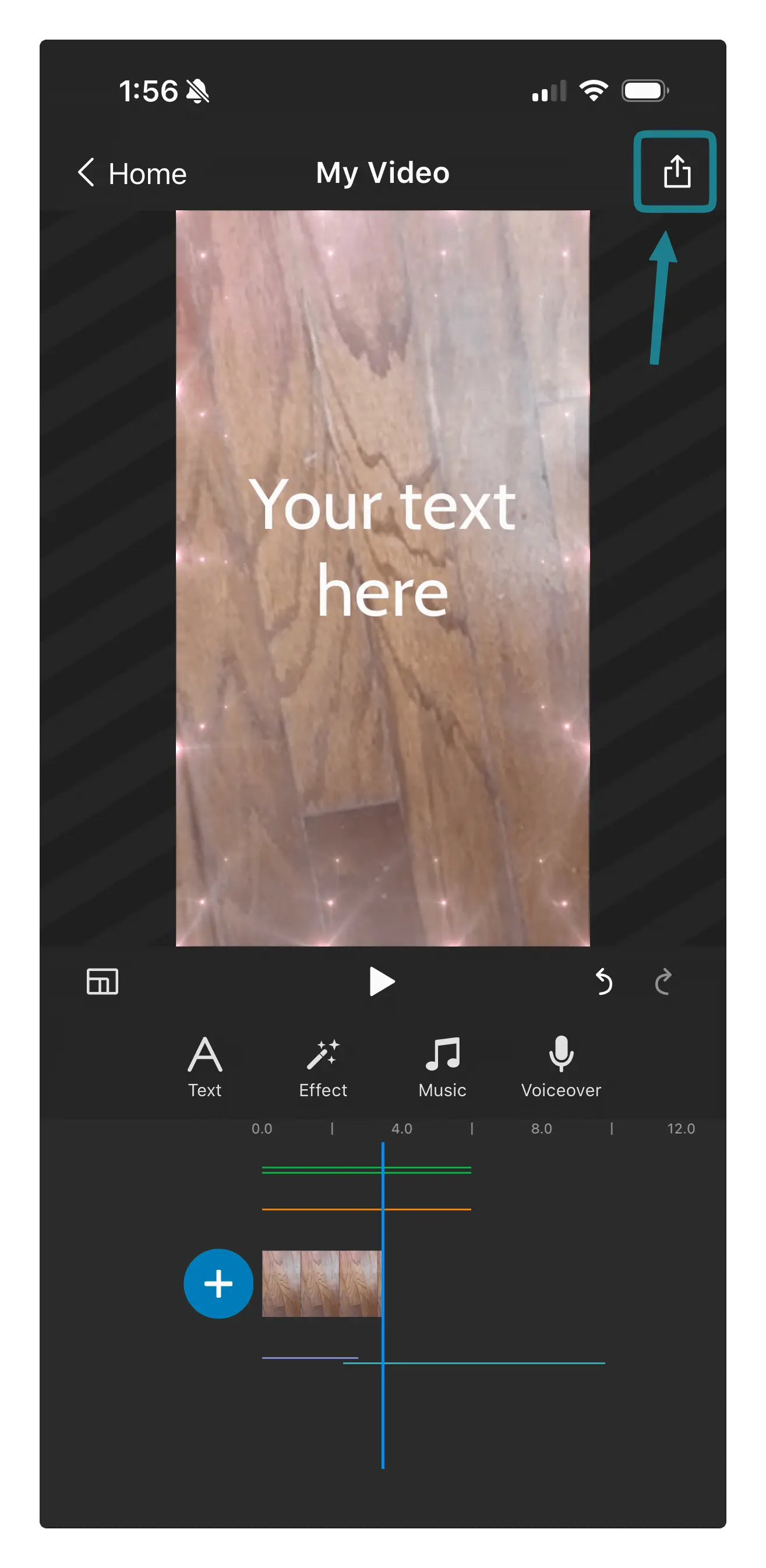The export option at the top right of the WeVideo iOS app is highlighted to let users export their video.