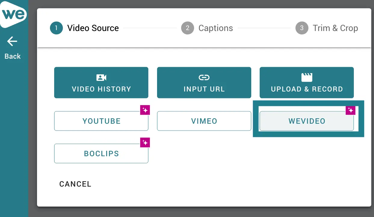 Available video source options are displayed in the interactive video editor for users to choose from.