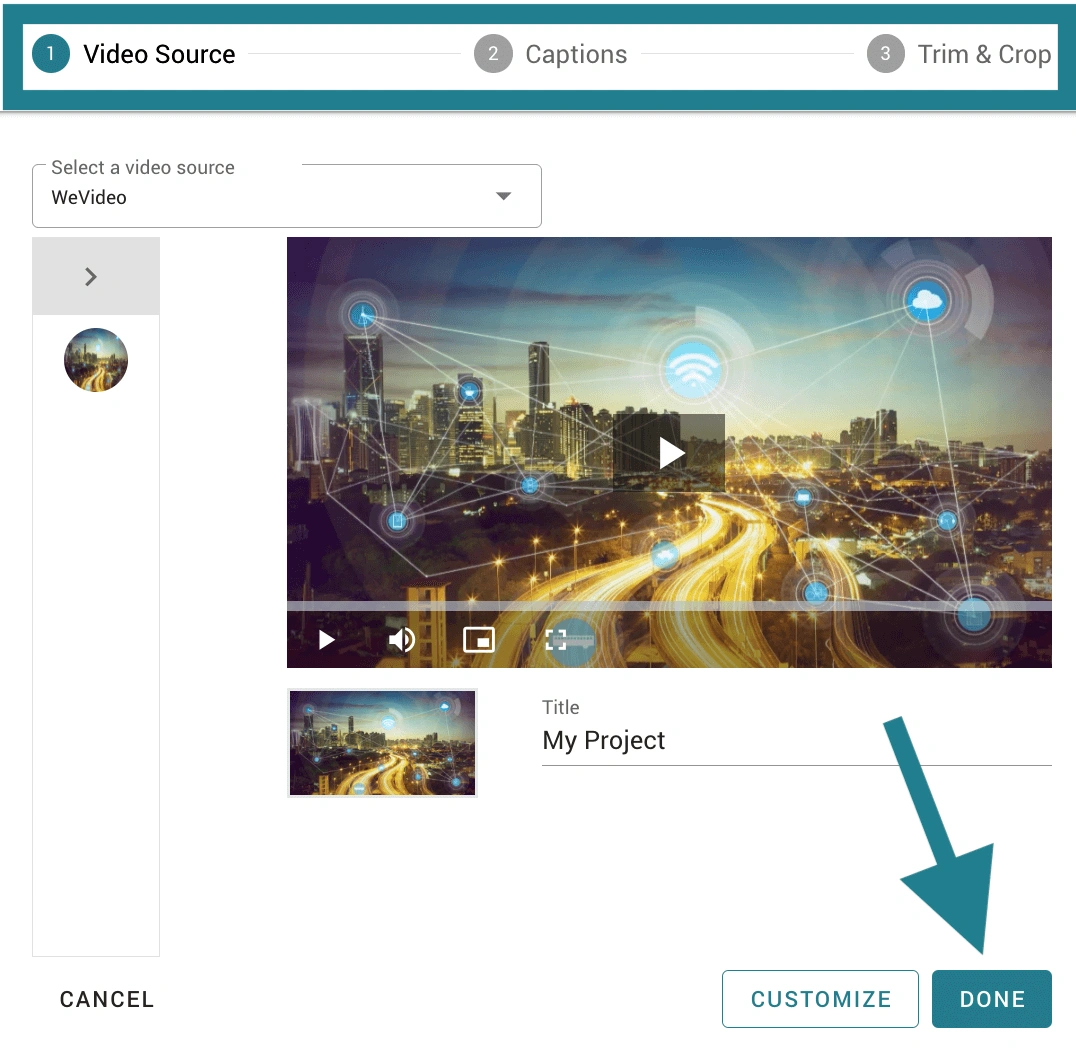 A selected video is displayed in the interactive video editor. Click Done to import it or click Customize to adjust the captions and trim it.
