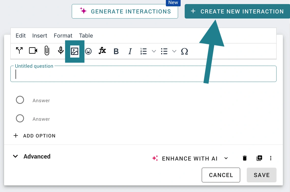 The create new interaction button is highlighted in the interactive video editor.