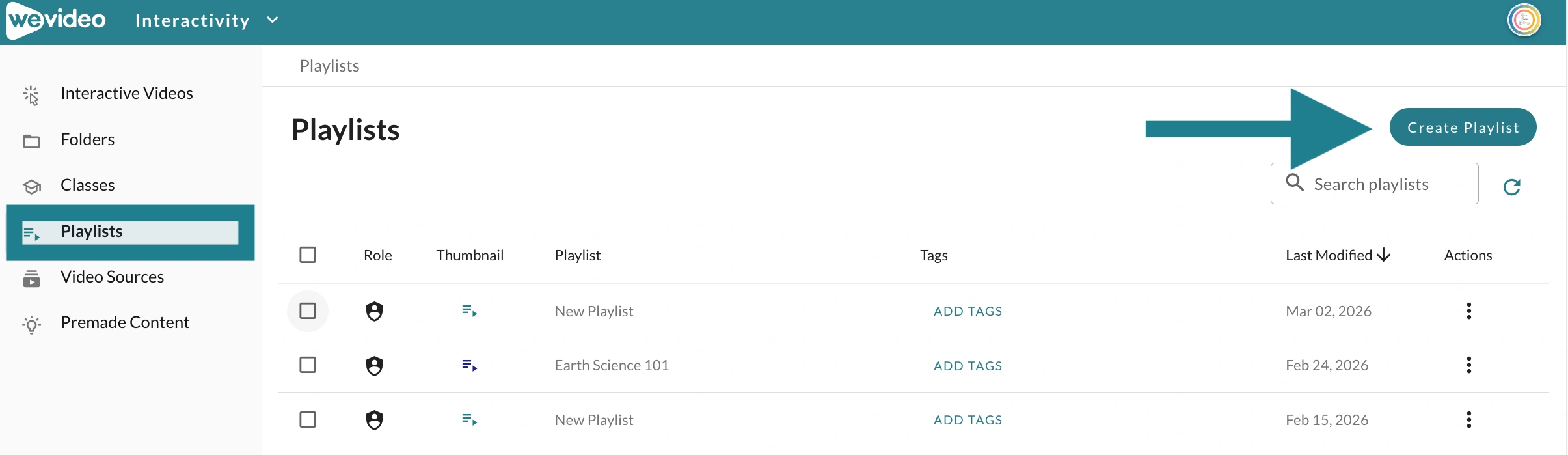 Playlists page in WeVideo Interactivity with the Create Playlist button highlighted.