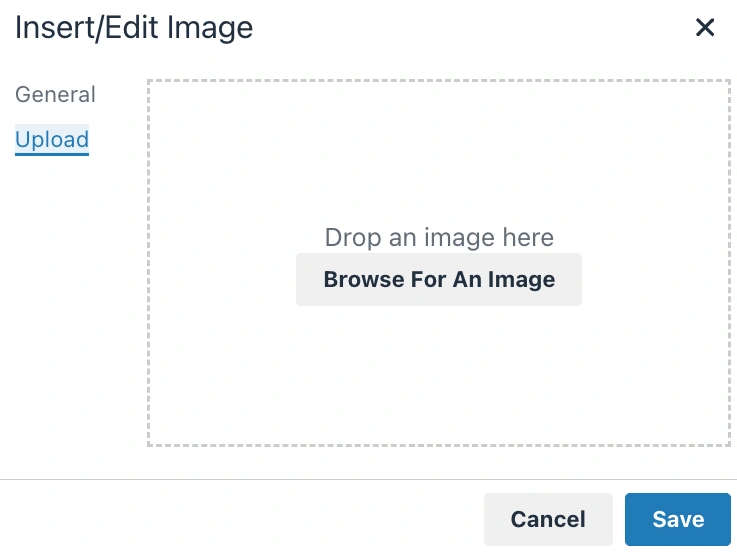 The insert image window in the interactive video editor with the Upload option.