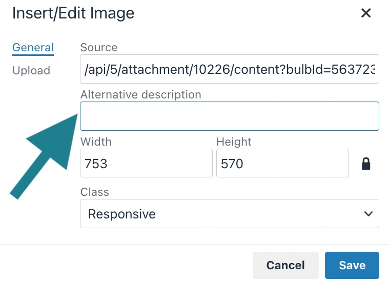 The Alternative Description section is highlighted in the image upload window to prompt users to add alternative text.