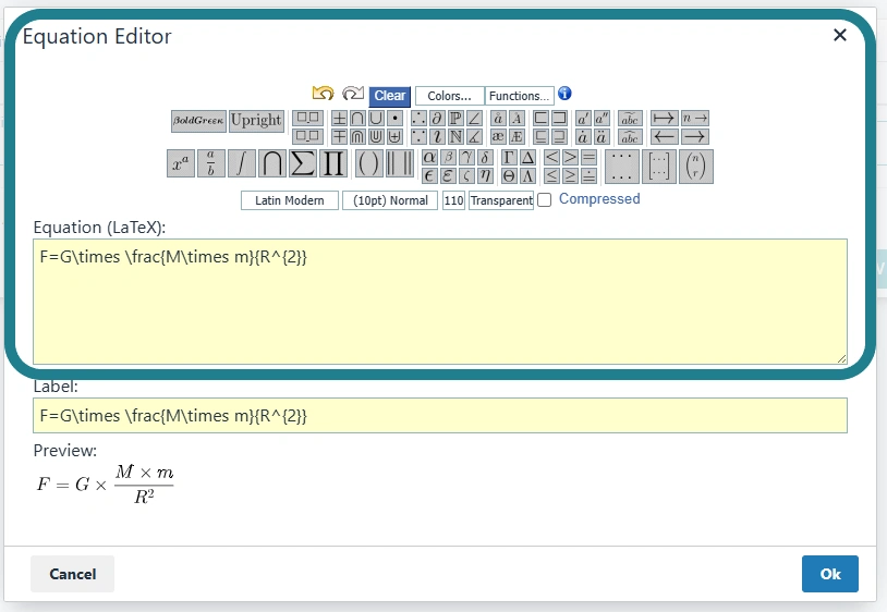 The WeVideo Equation editor with the LaTeX input section.