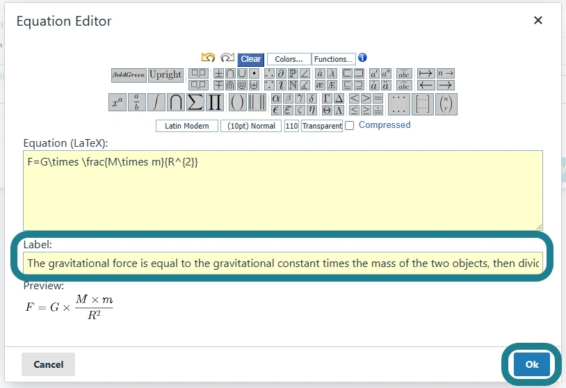 The label section in the WeVideo Equation editor is highlighted, and its content is replaced with the equation's alternative text.
