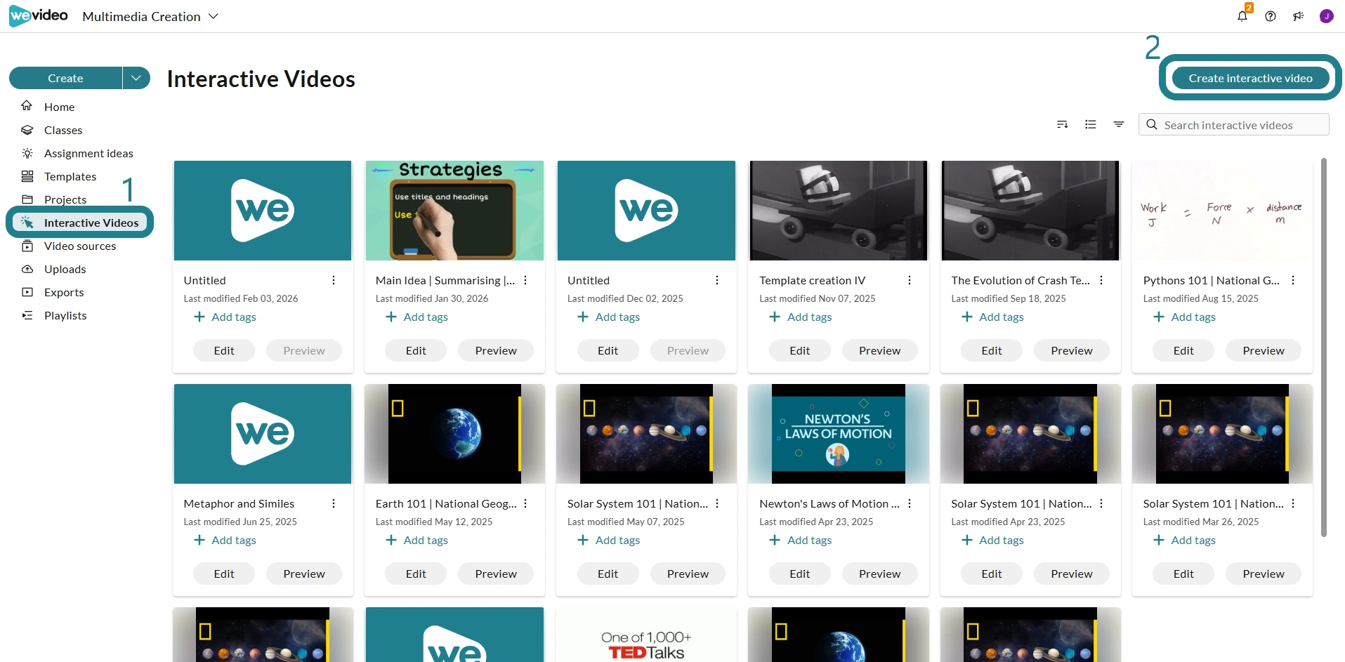 Interactive Videos page in WeVideo Multimedia Creation space with the Create Interactive Video button highlighted