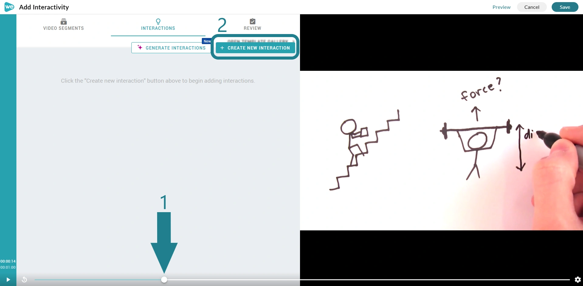 The white playhead is moved to a timestamp on the timeline, and the Create New Interaction button is highlighted to indicate to users to click on it to add a new interaction