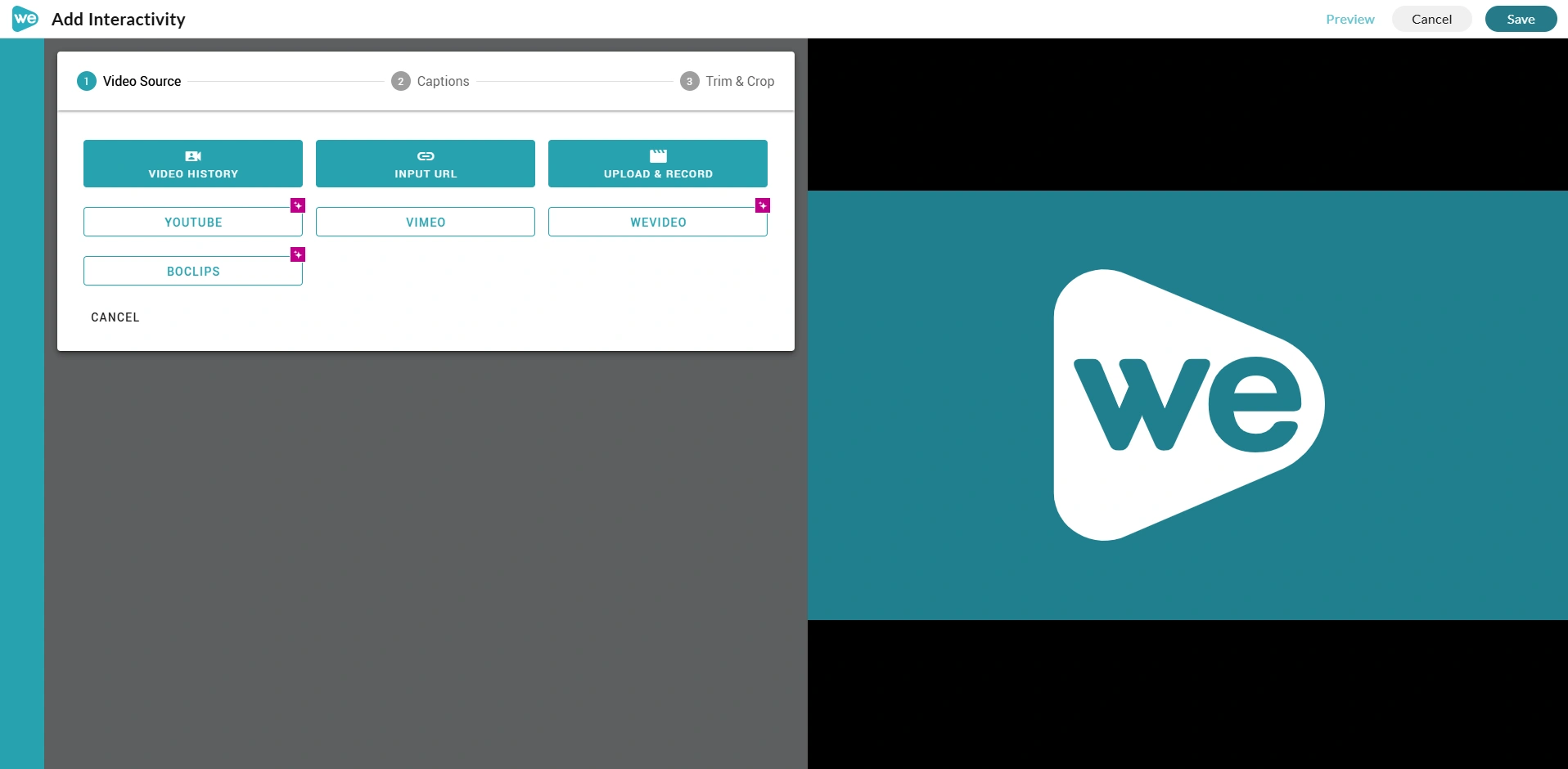 A list of available video host options in the interactive video editor.