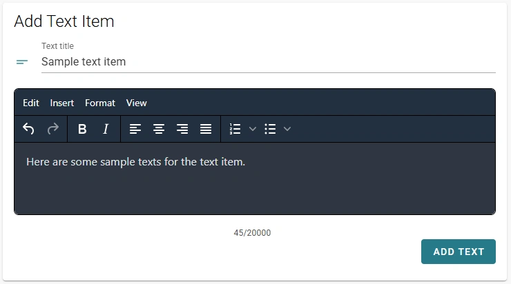 The add text item section in the playlist editor, where users can enter content for the text item.