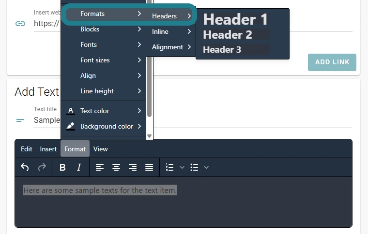 Select Formats from the list, then select Headers from the sub-menu to pick a header size.