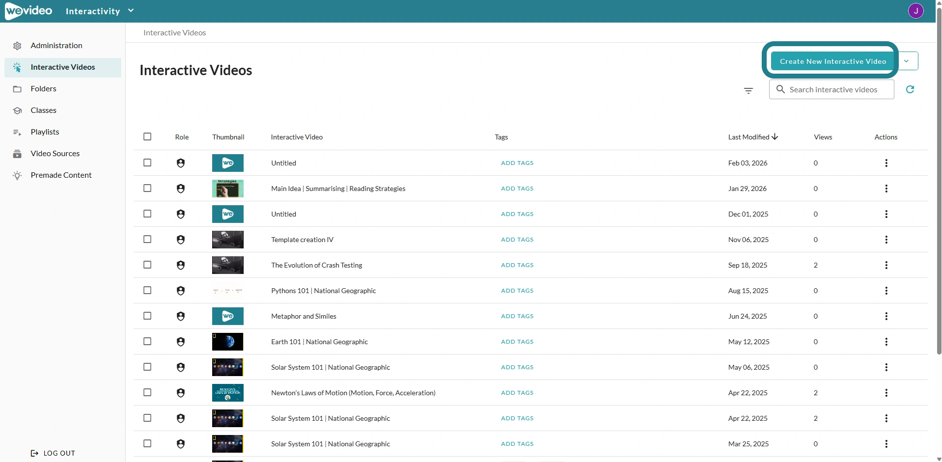 Interactive Videos page in WeVideo Interactivity space with the Create New Interactive Video button highlighted