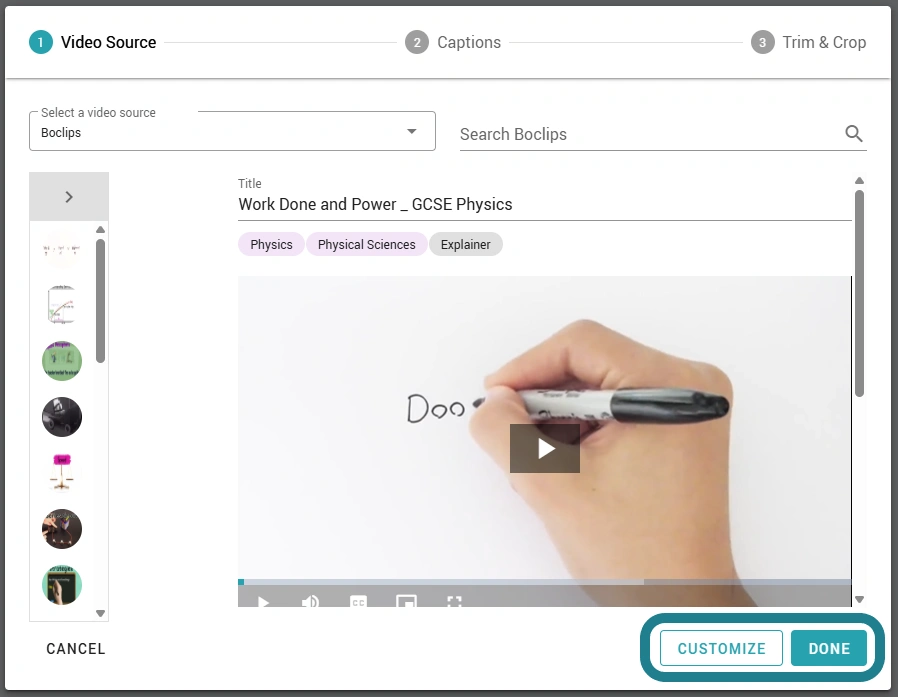 A video is selected for import, and the Done and Customize buttons are highlighted