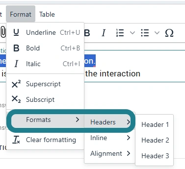Select Formats from the list, then select Headers from the sub-menu to pick a header size.