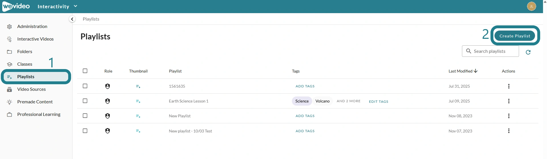 The Create Playlist button is highlighted on the Playlists page in WeVideo Interactivity