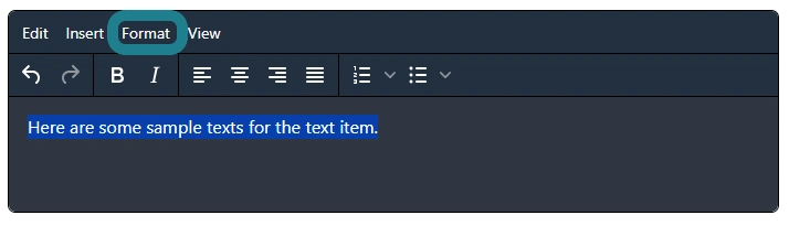 A line of text in the text item section is highlighted, then click the Format option in the rich text editor