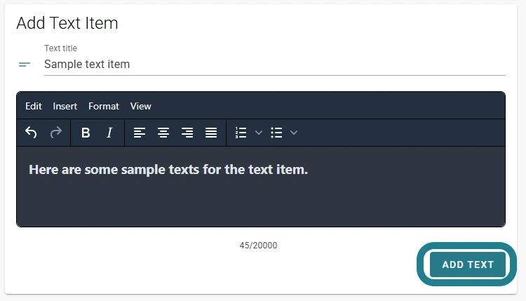 The Add Text button on the text item section is highlighted