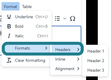Select Formats from the list, then select Headers from the sub-menu to pick a header size.