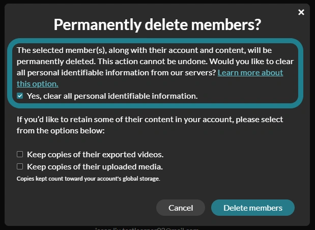 The "Yes, clear all personal identifiable information" option is highlighted
