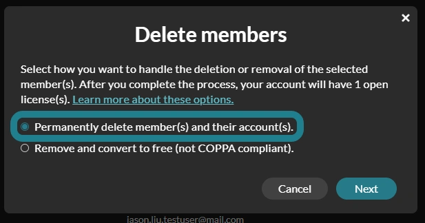 The Permanently delete members and their accounts option is highlighted
