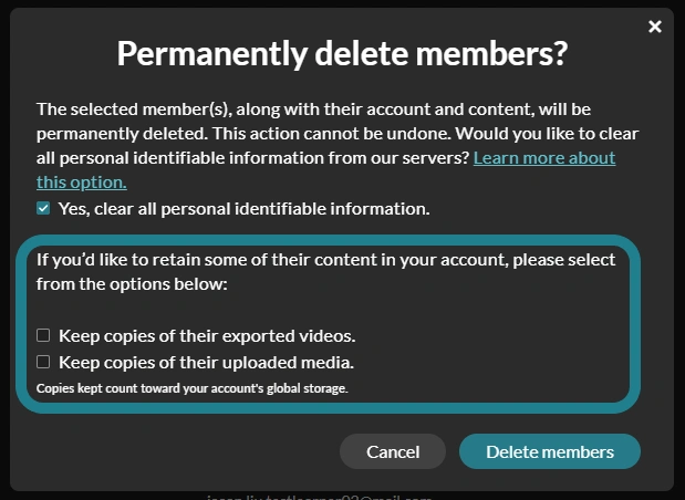 The options to keep copies of users' export and upload media are highlighted on the page.