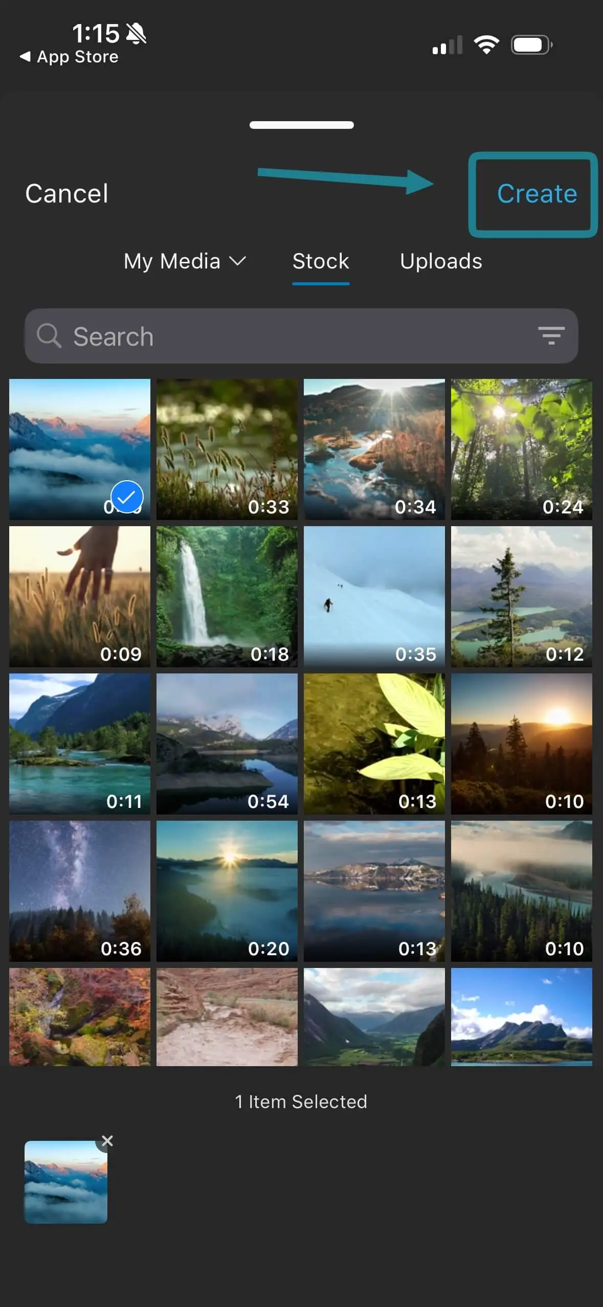 Selecting a clip and clicking Create in the WeVideo iOS app. 
