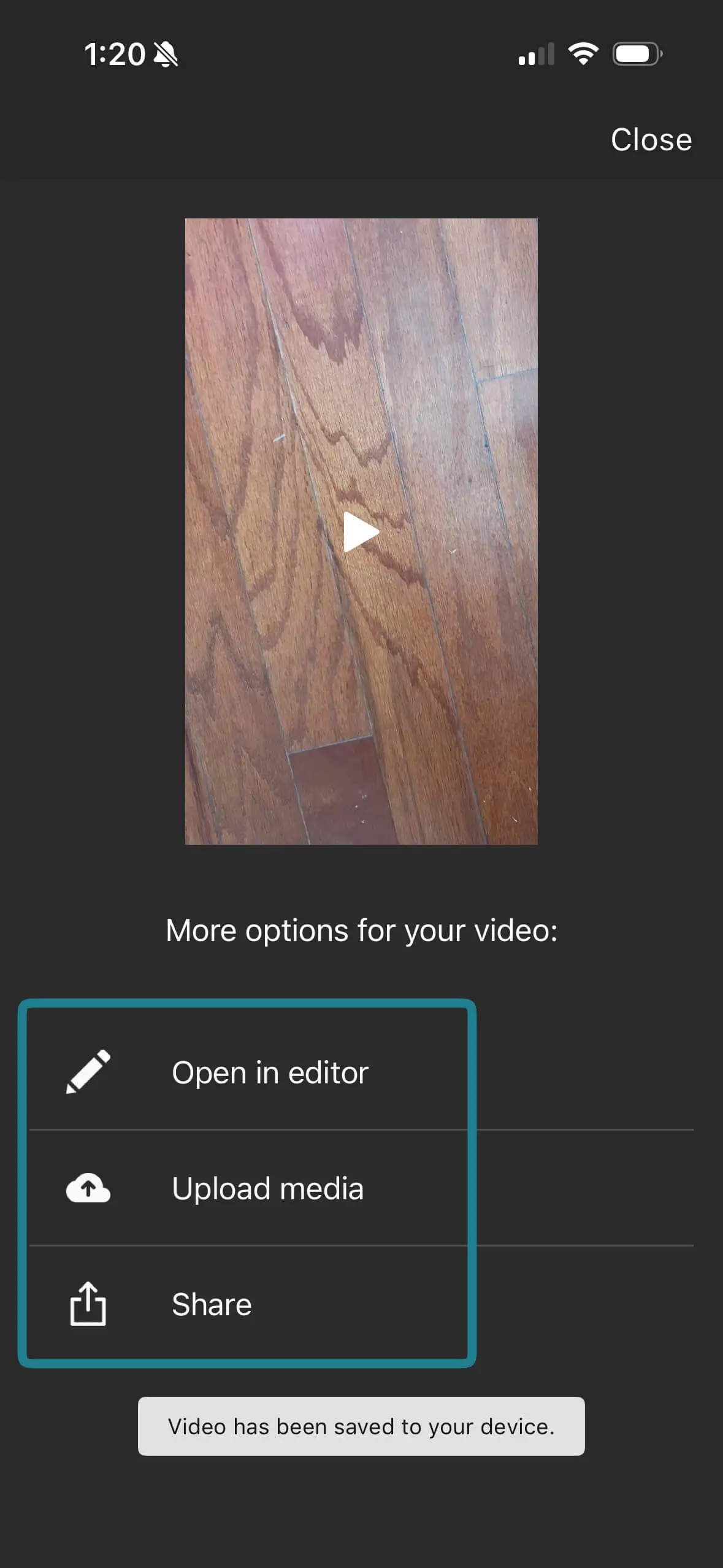 Video options in WeVideo iPhone app, including opening in the desktop editor, uploading to external sources, and sharing. 