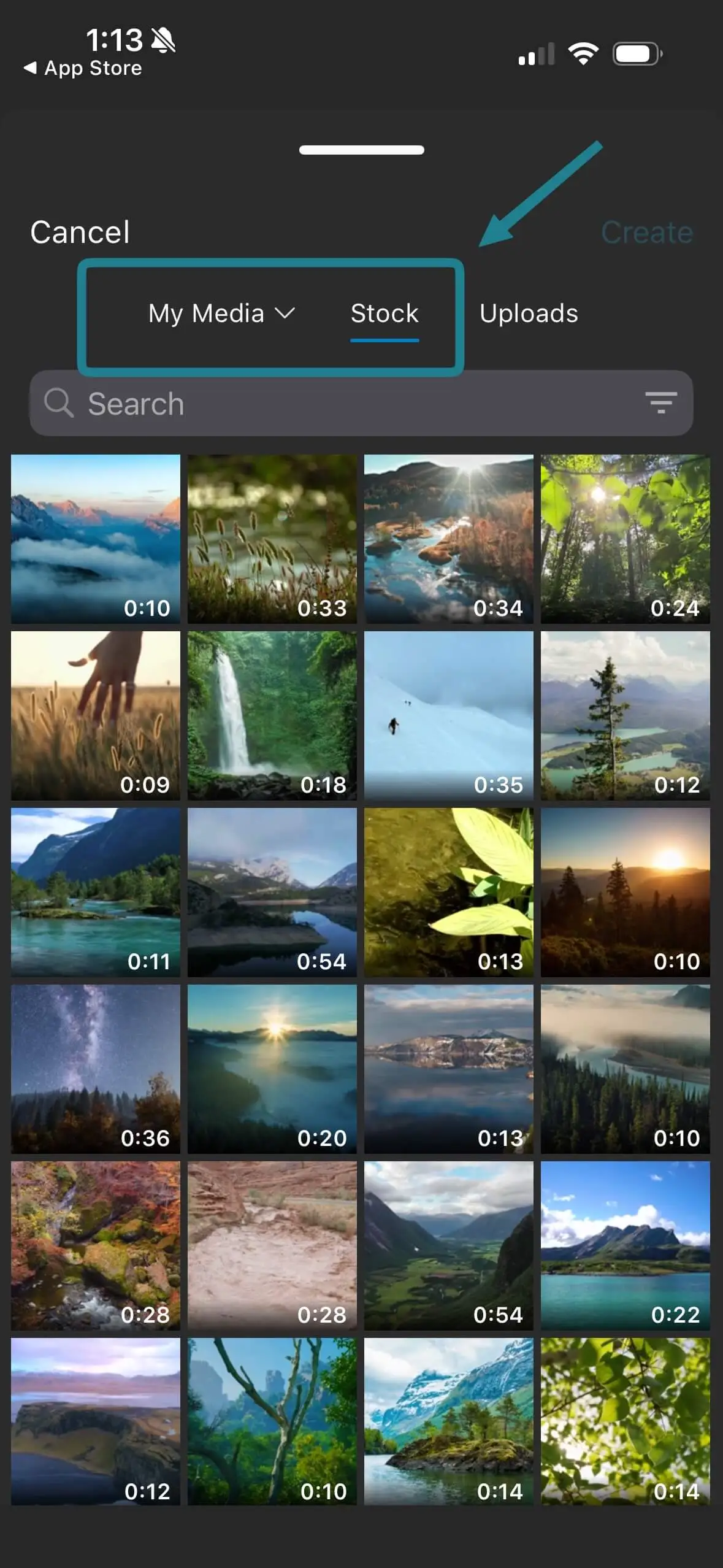 Stock media options in WeVideo iOS app. 