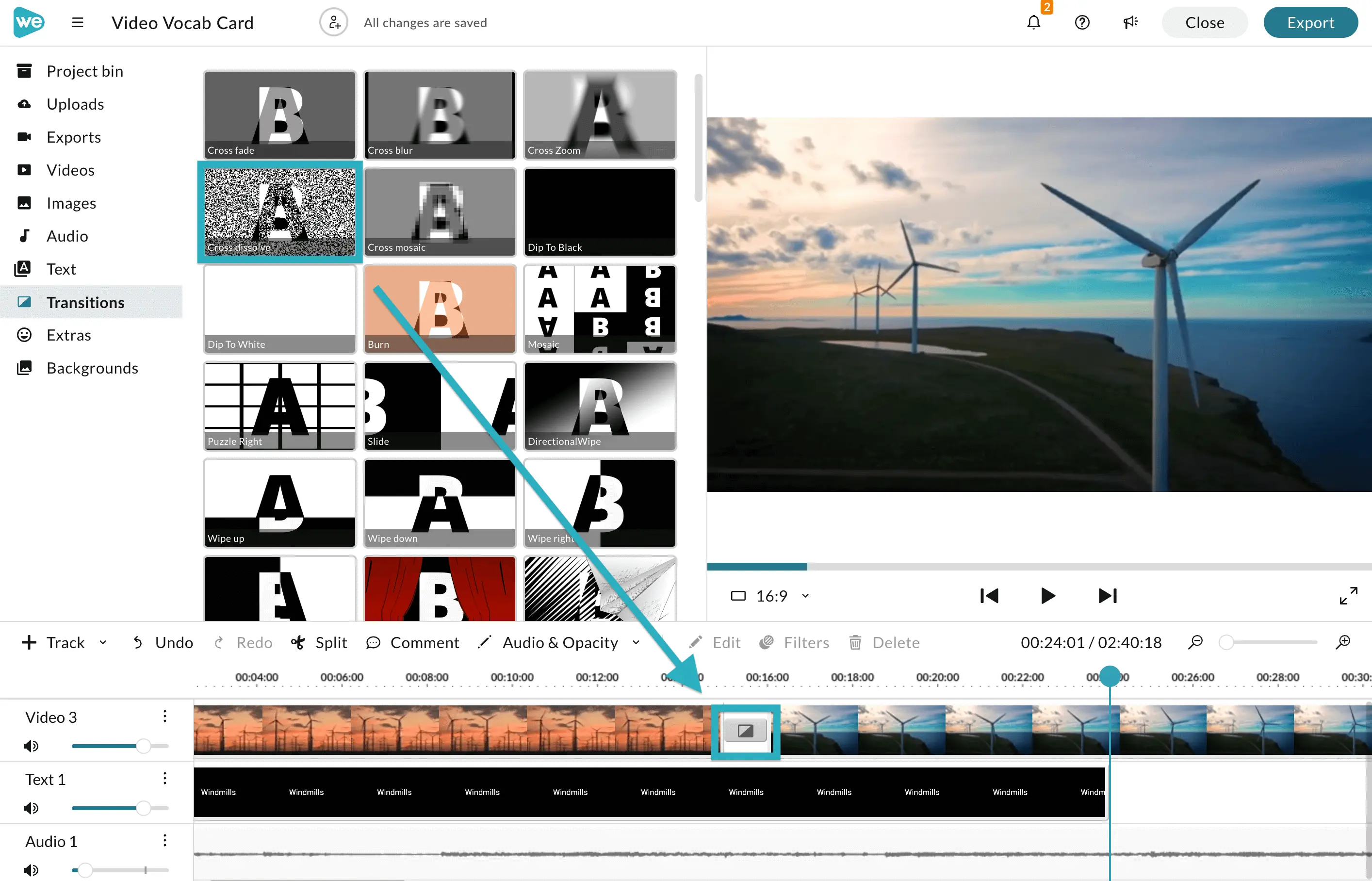 Adding a transition after a clip in the timeline in WeVideo's editor. 