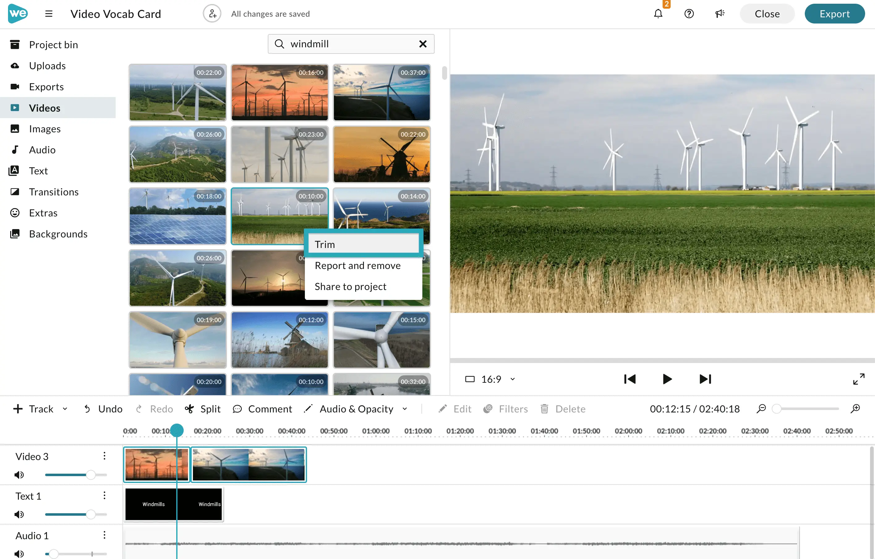 Using the Trim tool in WeVideo. 