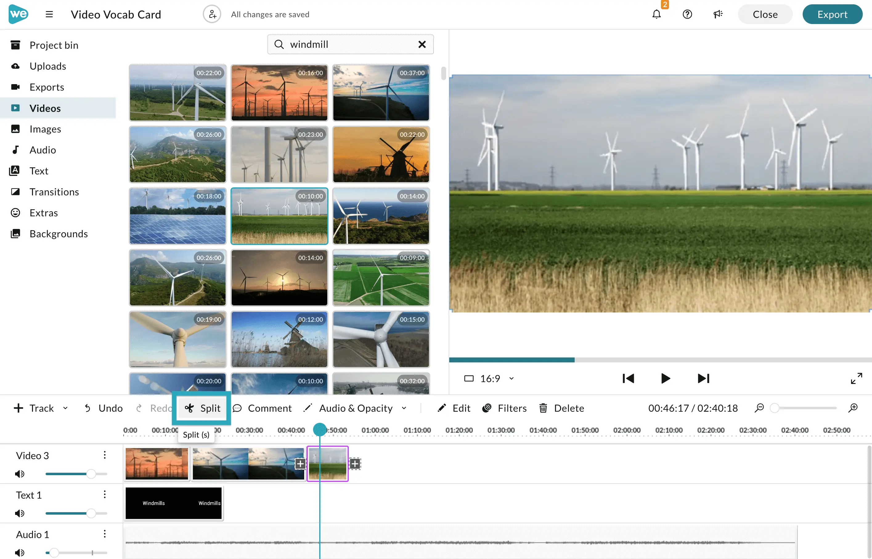 The Split clip tool in WeVideo. 