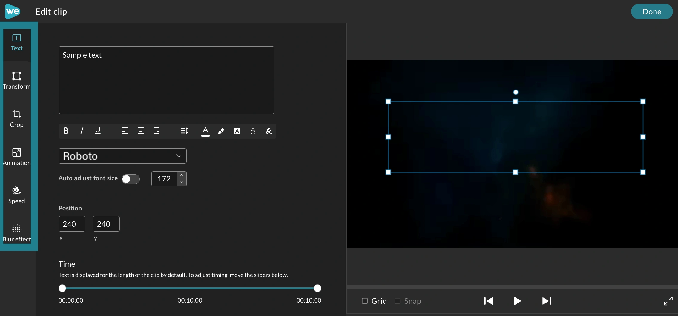 Edit clip menu in WeVideo's Simplified Editor. 