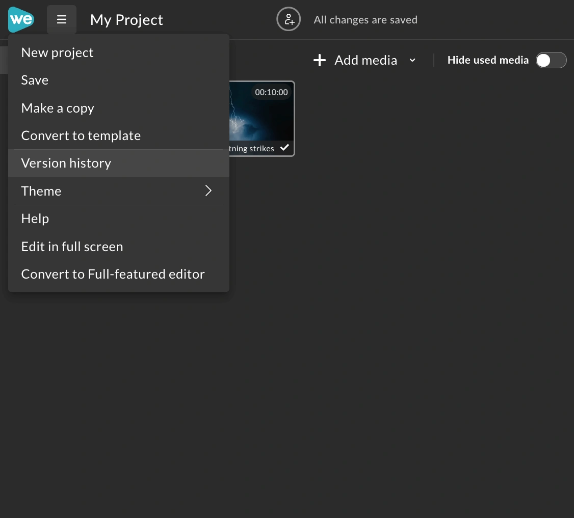 Version history option in WeVideo. 