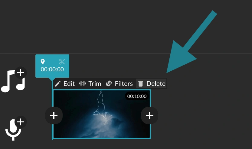 Delete option for a clip in WeVideo's Simplified Editor. 