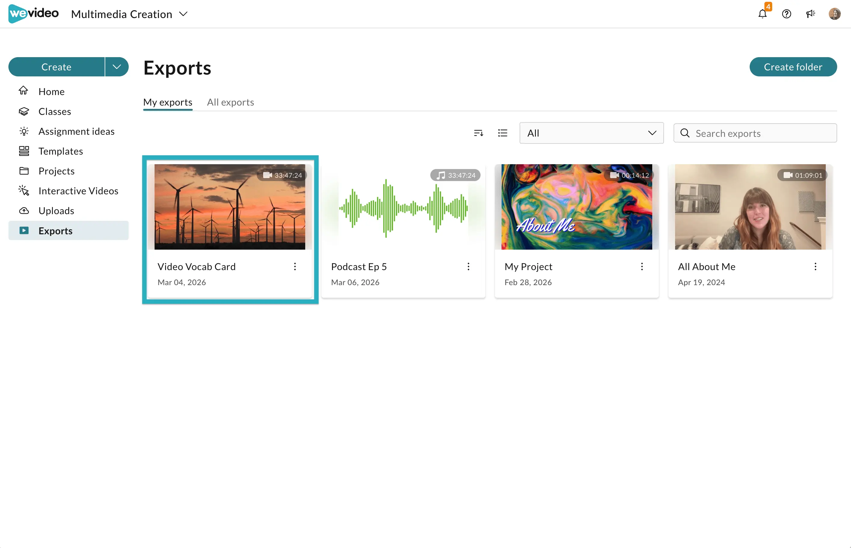 Project exports in WeVideo. 