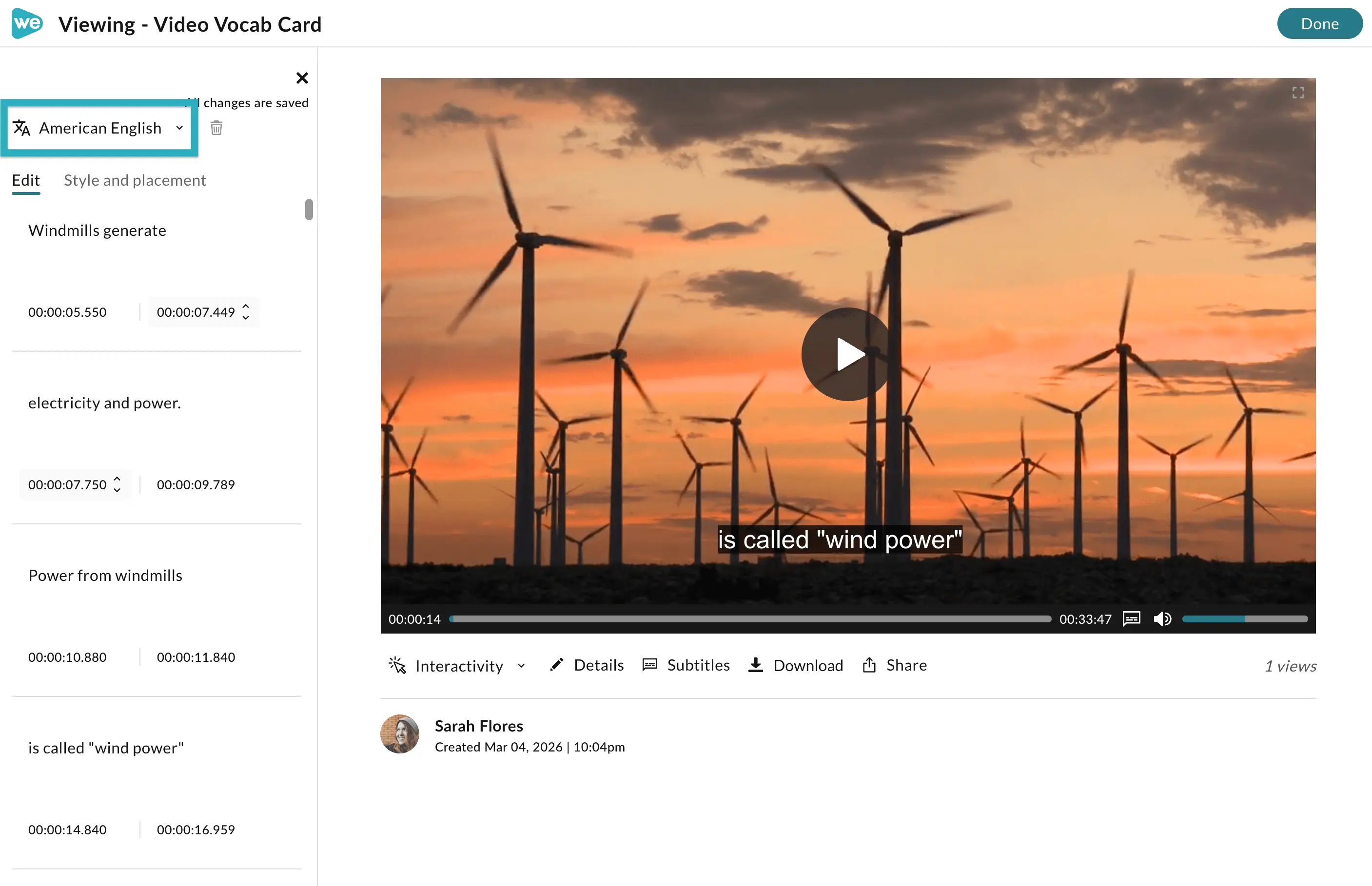 Subtitle language selection in WeVideo. 