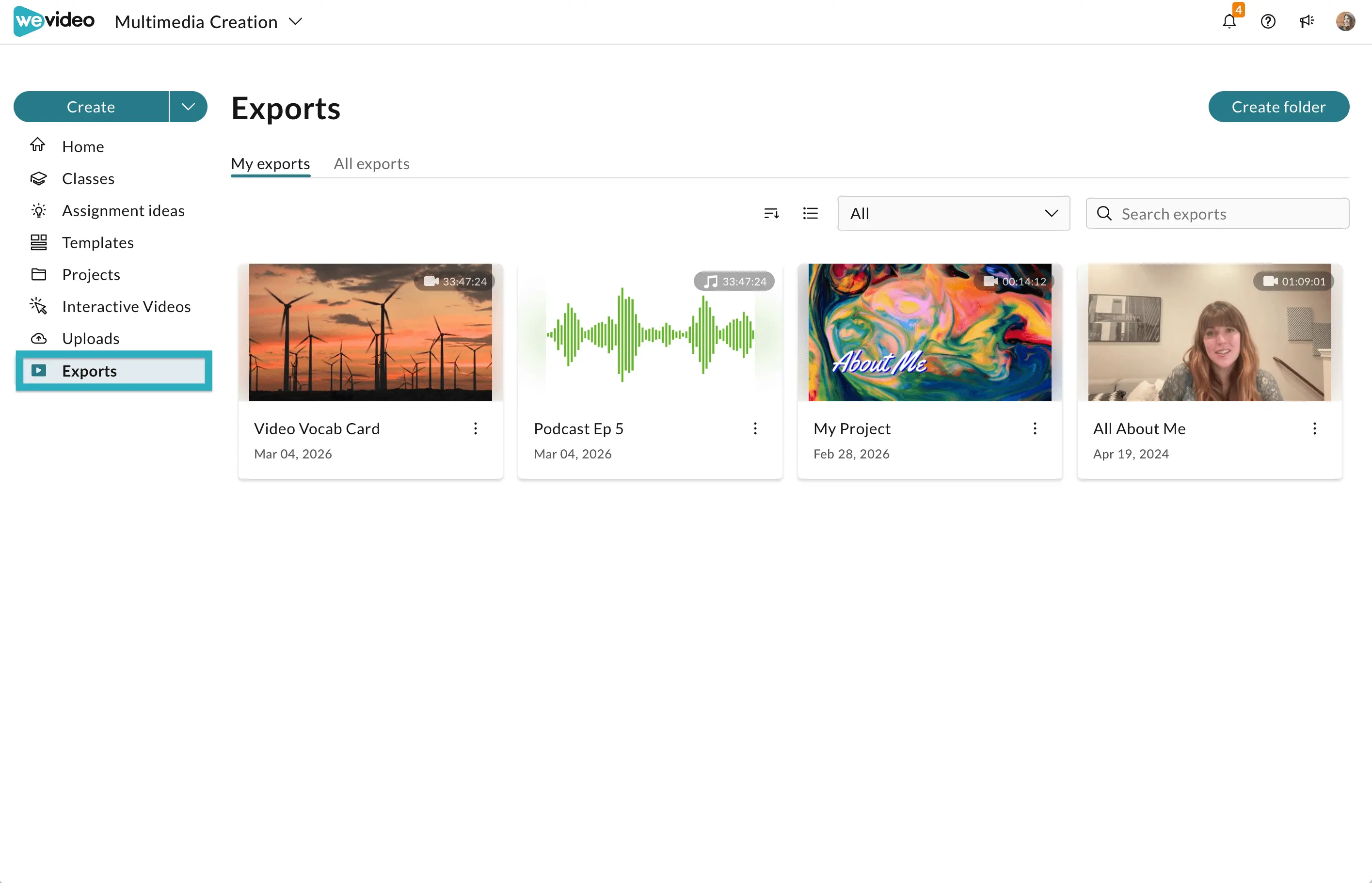 Exports tab in WeVideo. 