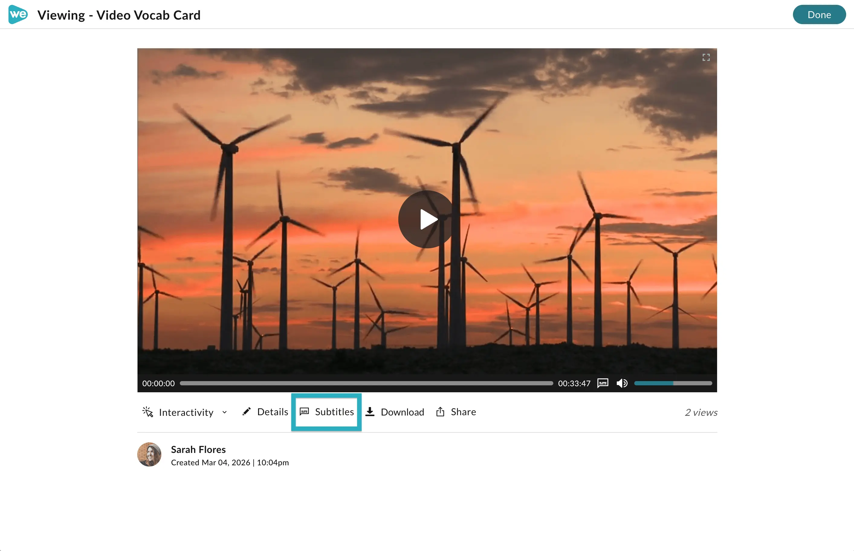 Subtitles button for adding subtitles to a video in WeVideo. 